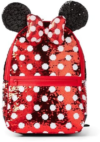Disney Store Official Minnie Mouse Rucksack, Featuring Red and Black Reversible Sequin, Iconic Ears & Bow and White Polka Dots