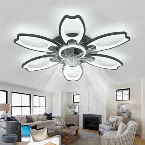 Lampara Ventilador con Mando a Distancia,Silencioso,Compatible con Alexa y Google Assistant.Flower Ventilador de Techo con Luz Regulable,Temporizador Memoria,6 Velocidades Reversible Dormitorio Salon