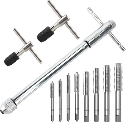 11 Stück Gewindebohrer Set, Metric Gewindeschneider Bit Set, mit M3 M4 M5 M6 M7 M8 M10 M12 HSS Gewindefräsen and 3 Verstellbaren T Griff Windeisen Ratsche, Handgewindebohrer Gewindeschneider Set