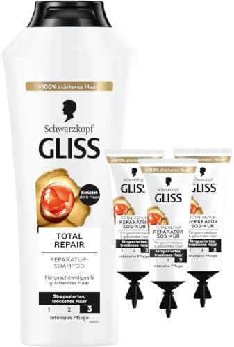 Gliss Shampoo (400 ml) & SOS-Intensiv-Kur Total Repair (3x 15 ml) Total Repair mit flüssigem Keratin & Blüten-Nektar, für trockenes und geschädigtes Haar, Haarkur für intensive Reparatur & Pflege