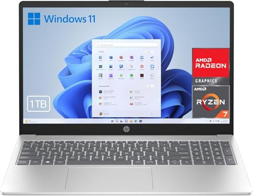 HP 15-fc0243ns - Ordenador portátil de 15.6 FHD AMD Ryzen 7-7730U, 32 GB RAM, 1000 GB SSD, AMD Radeon Graphics, Windows 11, Copilot+PC Plata - Teclado QWERTY Español, 32GB, 1000GB