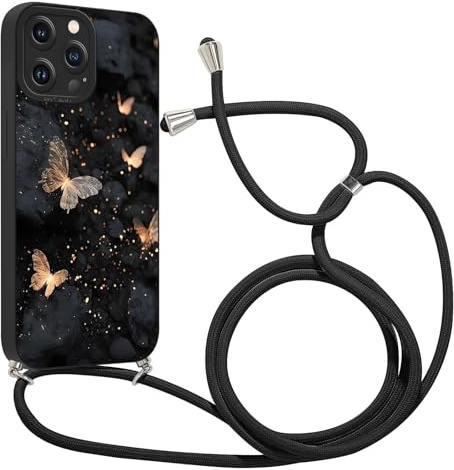 Krdvekm Coque avec Cordon pour iPhone 13 Pro Max 6,7 avec Motif Papillon Noir Case, Aesthetic Silicone étui avec Collier Réglable Corde Souple TPU Antichoc Housse de Protection pour Femmes, 05