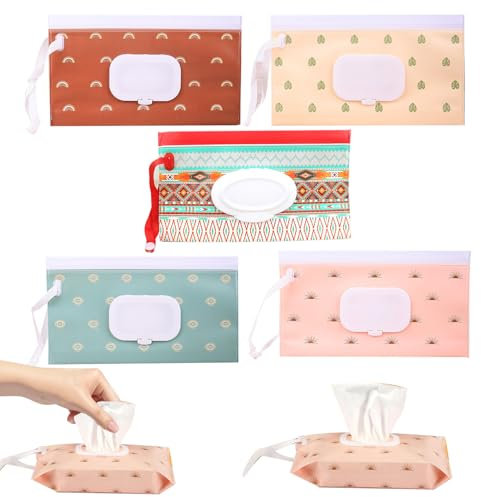 PERSENTU 5 Pack Baby Wipes Dispenser, Baby Wipe Holders, Wet Wipes Dispenser Box, EVA Baby Wet Wipe Pouch, Refillable Wipes Dispenser for Baby and Adult (Colorful)