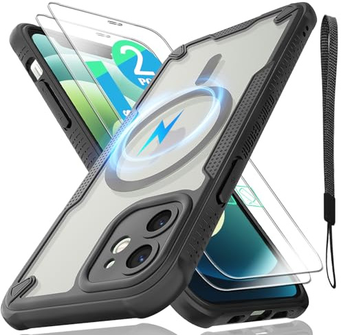 for iPhone 12 Case, Translucent Matte Back Compatible with Magsafe Magnetic Slim Shockproof Protective Case with Lanyard Strap and 2*9H Tempered Glass Screen Protector Phone Cover 6.1-inch-Black