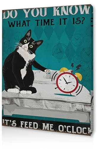 Qiukoo Wall Art Lustige Katze Leinwand - Gerahmte Schlafzimmer Wandkunst mit vormontierten Haken, Feed Me O'Clock Katzen-Poster für Schlafzimmer Dekor, Wanddrucke für Wohnzimmer, Flur oder Büro, 30 x