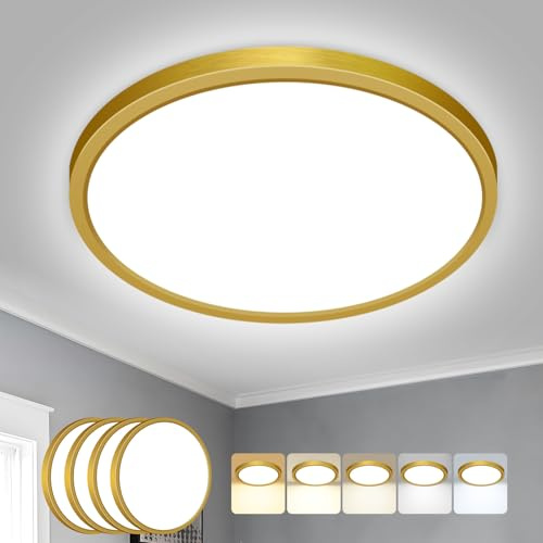 Peasur 4Stück Deckenlampe LED Deckenleuchte Flach,5Farben-3000/3500/4000/5000/6500K,Wasserfest Badezimmer Lampe Decke,18W Modern Rund Lampe für bad flur schlafzimmer Wohnzimmer,22 * 1.8cm,Golden