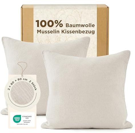 BEDSURE Musselin Kissenbezug 80x80 2er - 100% Baumwolle, Beige, Oeko-TEX | Kopfkissenbezug 80 x 80, Muslin Kissenbezüge mit Reißverschluss, Weich, Sicher, Atmungsaktiv, Hautfreundlicher Komfort