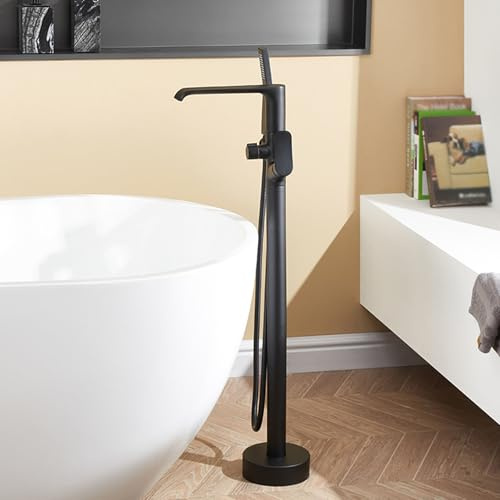 Freistehende Badewanne Armatur Wasserfall 360° Drehbar Wasserhahn Bad Dusche mit 2 Auslässe,Schwarz