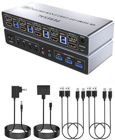 PERESAL USB 3.0 HDMI + Display Port KVM-Switch für 4 PCs und 2 Monitore, 4 Anschlüsse für 2 Monitore, 4K @ 60Hz, Unterstützung für EDID, Audio, Mikrofon und 3 USB 3.0-Anschlüsse