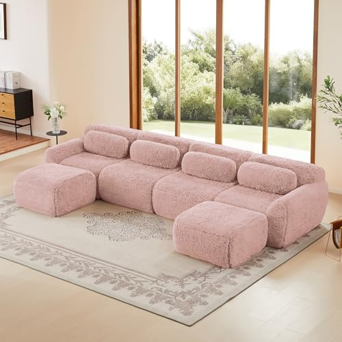 A ALFRESCOOL Boneless Couch, Wohnlandschaft U Form, Modulares 4 Sitzer Sofa mit 2 Ottomane, aus Plüschstoff, Ohne Montage & Rutschfester Unterseite, frei Kombinierbar, 378×179×73cm (Rosa)