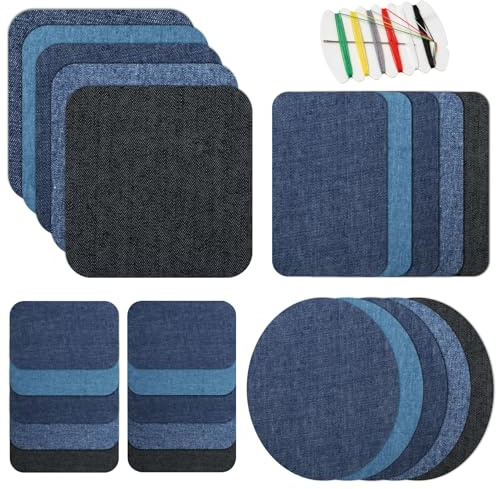 25 Pcs Iron On Patches for Clothing, Denim Jeans Iron On Repair Patches for Clothing, Sew On Patch Denim Patch for Jeans Repair, Assorted Size of Blue Repair Decorating Kit, with Sewing Kit