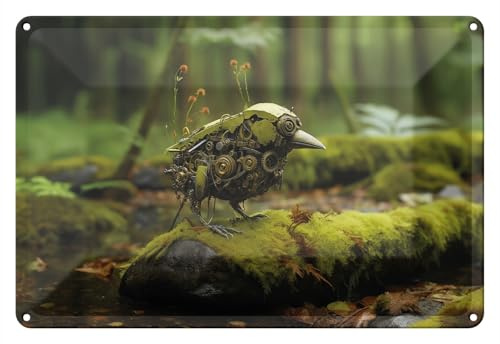 Wallario Blechschild Wandbild aus Metall Mechanischer Waldvogel - 20 x 30 cm in Premium-Qualität: Brillante Farben