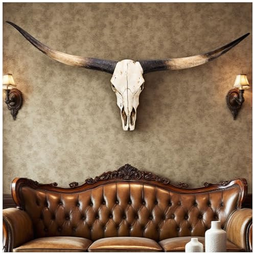 WHOROB 178cm Longhorn Wand-Skulpturen, Faux Longhorn Schädel Wanddekoration, Stierschädel Wanddekoration, Longhorn & Ochsenschädel Hörner für rustikalen Bauernhaus-Stil, Heim & Büro,Schwarz