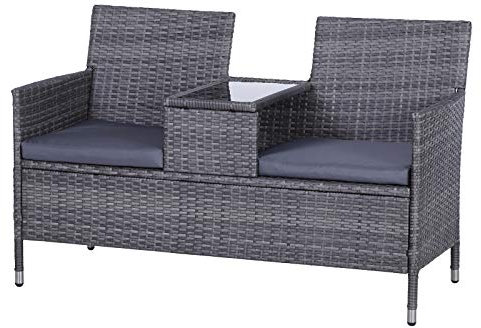 Outsunny 2 Seater Rattan Sofa with Cushions, Wicker Garden Loveseat with Armrests, Outdoor Garden Sofa Couch with Metal Frame for Patio, Mixed Grey