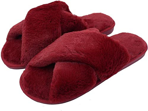 AONEGOLD Ciabatte da Casa Donna Invernali Warmer Peluche Pantofole Croce Morbido Open Toe Pantofole di Pelliccia Antiscivolo Scarpe(Winered,Taglia 42-43)