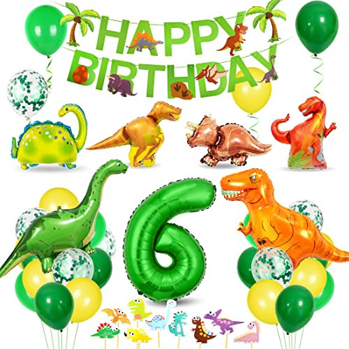 Bluelves Dino Geburtstag Deko 6 jahre, Deko Dinosaurier Geburtstag,Geburtstag Deko 6 jahre junge,Dino Party Kindergeburtstag, Luftballons Grün für Dinosaurier Party Dschungel Party Kinder