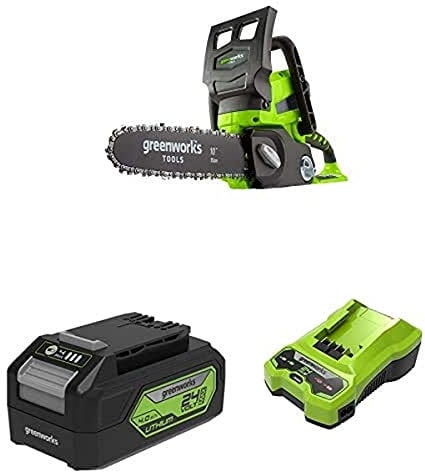 Greenworks 24V Cordless Chainsaw Battery Powered, 25cm Bar Length- 2000007 & Battery G24B4 2nd Generation & G24C 24V 2A Universal Charger Gen 2