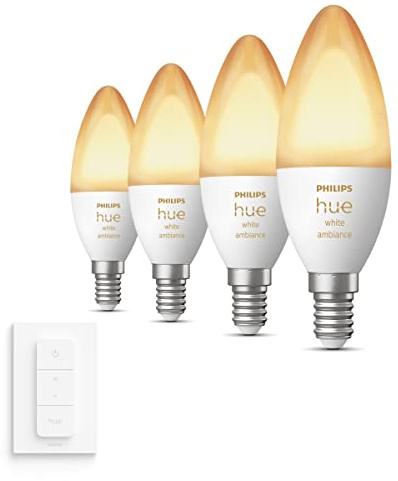 Philips Hue Vorteilspaket - E14 - mit 4 Kerzen LED Lampen - Warm bis Kaltweißes Licht - inkl. 1 Hue Dimmschalter - Hue White Ambiance