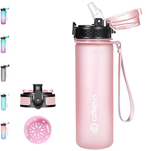 GOPPUS 500ml/17oz Bouteilles d'eau étanche pour Enfants pour L'école avec Paille Sans BPA Tritan Bouteille d'eau de Sport Réutilisable pour Tout-petit avec Marquage de l'heure avec 2 Couvercles
