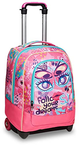 Rucksack mit Trolleyfunktion, 2 in 1, Schulranzen mit Rollen, ab 1. Klasse, für Schule, Gymnasium, Reisen&Freizeit, Mädchen&Jungen, mehrfarbig, Schmetterling