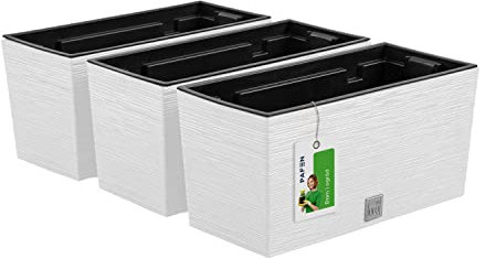 PAFEN 3X Blumenkasten Blumentopf – 18 x 19,5 x 39,5 cm - Pflanzkübel Pflanztopf inspiriert Natur: Kiefernnadeln Balkonkästen mit Einsatz, Weiß