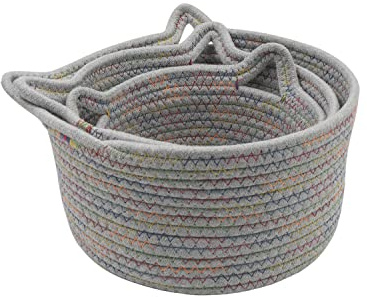 Anzirose Natural Cotton Rope Storage Baskets Multi-sized 3 pieces set Cat Ear Shape Nursery Storage Baskets for Home Decor Closet Desktop Kids Room Nursery Cosmetic Storage Grey (Grey)