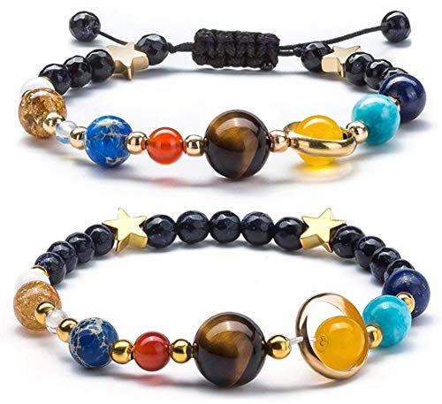 Nicfaky Armband für Damen und Mädchen, Sonnensystem, Universum, Galaxie, die acht Planeten, Stern, Natursteinperlen, Armband für Herren, 2-teiliges Set
