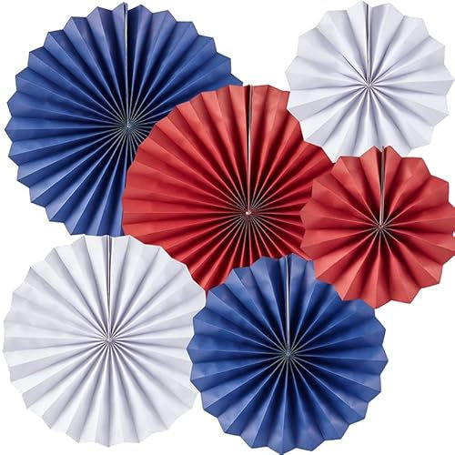 Happium 6 Pcs Paper Fan Union Jack Colour Decorations, Blue, Red, White Paper Fans Set, for UK Flag Decor