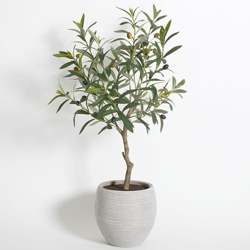 CG Hunter Olive Topiary Tree, Premium Handmade Artificial Indoor Plant Stands 34” Tall, Lifelike-Leaves and Hand Painted Trunk Create Realistic Appearance, Grey Planter Pot Included