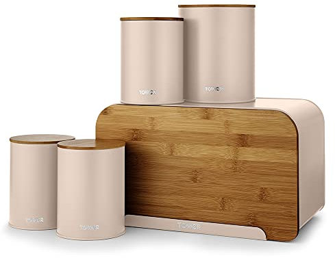 Tower Scandi Clay 5 Piece Kitchen Storage Set. Bread Bin with Chopping Board Lid, 3 Canisters & Biscuit Barrel
