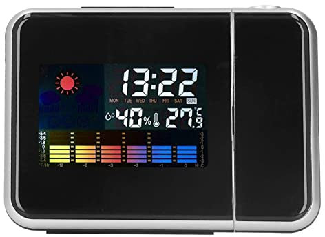 Weather Station Clock, Projection Alarm Clock Snooze Function Convenient LCD for Kitchen for Office (Black Without Wiring)