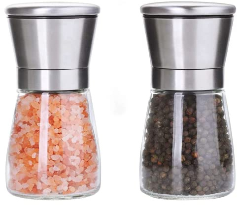 ALAYSTAR Deluxe Glass Grinder Mill Set for Pepper and Salt - Made of Stainless Steel and Has A Modern Design- Simple to Fill and Clean.