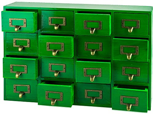 Kleiner Apothekerschrank aus Holz mit 16 Schubladen, 50,8 x 9,1 x 35,6 cm, Kartenkatalog-Stil, Aufbewahrungsbox aus Holz mit 16 Schubladen, Organizer mit 4 Ebenen, Etikettenhalter und Griffen,