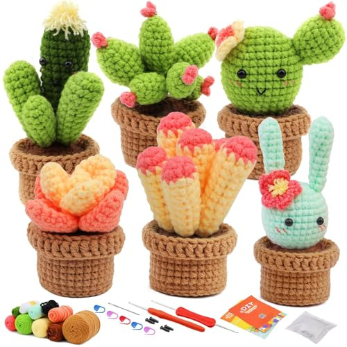 WONVOC Häkel-Starter-Set, Häkelset für Anfänger, Anfänger-Häkelset für Erwachsene, mit Häkelnadeln, Häkelbedarf, Kunststoffaugen und Anleitung - Sukkulenten gemischt 6 Stück