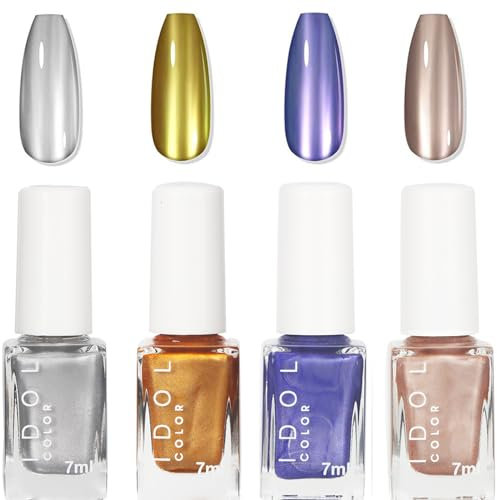 EONFAVE Metallic Nail Polish Set - 4PCS Chrome Nail Polish - Mirror Silver, Gold, Purple, Champagne Gold - Quick Dry Metal Effect Nail Art