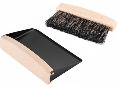 POFET Kleines Kehrschaufel- und Bürstenset, Holz-Kehrschaufelbürste, Metall-Kehrschaufelbürsten-Set zum Fegen von Tischplatten, kompakter Rosshaarbürste zum Fegen von Arbeitsflächen, Schwarz
