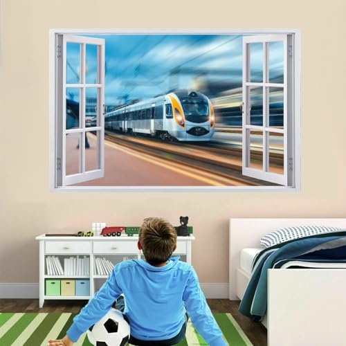 Wandsticker 3D Durchbruch Zug Wandtattoo kinderzimmer Deko Bahnhof Wand Aufkleber Selbstklebend Wandbild für Junge Mädchen Teenager Zimmer Wohnzimmer Schlafzimmer 90x60cm