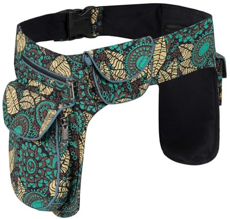Kunst und Magie Doppel Bauchtasche Sidebag Gürteltasche Festivaltasche Hippie Goa Hüfttasche Hipbag, Farbe:Petrol/Braun