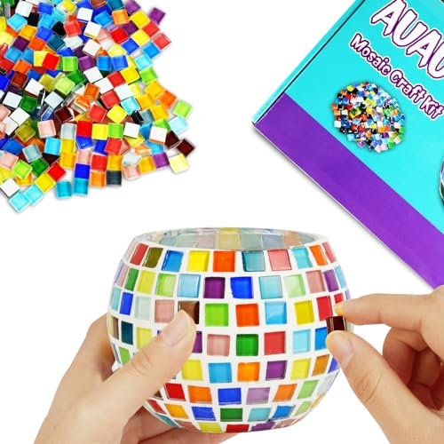 AUAUY Glasmosaik Kerzenhalter Kit, Mosaik Bastelset Kinder Mosaiksteine zum Basteln Mädchen Mosaikfliesen, DIY Mosaik Lampe Kreativ Geburtstagsgeschenk für Kinder Erwachsene, Handgefertigte Kunstwerke