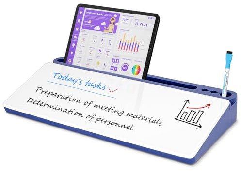 QUEENLINK Petit tableau blanc de bureau en verre avec rangement, tableau blanc effaçable à sec avec tiroirs, support de clavier d'ordinateur, organiseur pour accessoires de bureau (blanc et bleu)