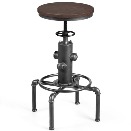 GIANTEX Taburete de Bar Redondo con Altura Ajustable 59,5-75 cm, Estilo Industrial Retro, Taburete de Cocina con Reposapiés, Asiento de Madera y Marco de Metal, para Bar, Comedor, Cafetería (Gris)