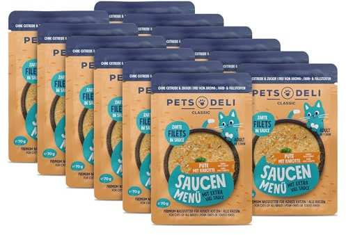 Pets Deli Nassfutter für Katzen Saucen Menü mit Putenfilet und Karotte ohne Zucker und Gluten 12 x 70g