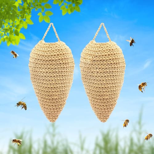 2 Pack Große Häkel-Wespennest Lockvögel, hängende Wespenschreck für Wespen Hornissen, Wespennest Lockvogel Wespenschreck für Outdoor Hängende Häkel-Wespennest Dekoration (Khaki-Gelb)