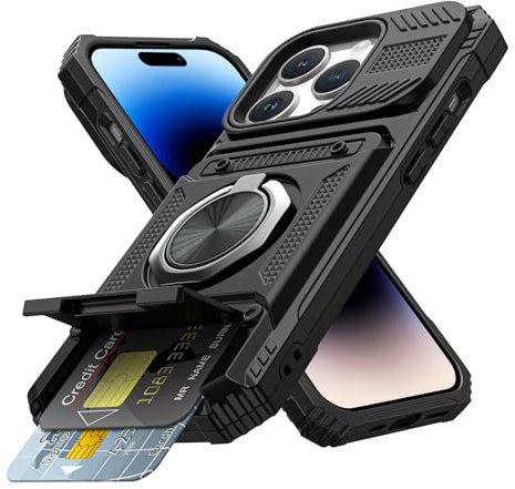 Coolden for iPhone 14 Pro Case with Card Holder [Max 2 Cards] Ring Holder Kickstand Armor Shockproof Military Grade Heavy Duty Protective Case Wallet Case Cover for iPhone 14 Pro Phone Case-Black