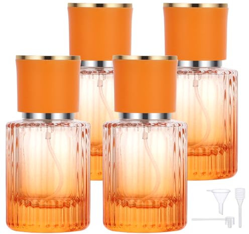 Segbeauty Frasco Perfume Recargable, 4 Piezas 30ml Bote de Perfume, Dispensador Colonia de Vidrio, Botella para Viaje, con Cabezale de Bomba, Embudo y Gotero (Naranja Gradiente)