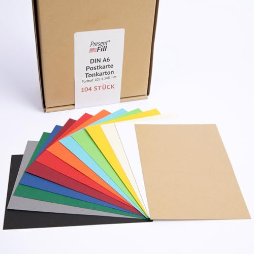 PresentFill® - blanko Postkarten Tonkarton Bunt, Papier-Karten Set 104 Stück 210 g/m² -DIN A6-105 x 148 mm zum Selbstgestalten, beschriften oder bedrucken als Bastelkarton, Karteikarten