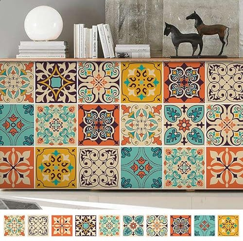 Credence Adhesive Pour Cuisine Vintage Motif Coloré Autocollants Marocains,Stickers Carrelage,Décoration Murale Adhésive En Pvc Imperméable Carreaux De Ciment Pour Mur Meubles10 Pcs