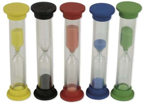 TimeTEX - Sanduhren Set mit Holzkappen 5-TLG. | 10 cm hoch, 2,5 cm ø | Zeiten: 30 Sekunden, 1/3/5/10 Minuten | Bunte Sanduhren