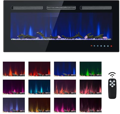 Chimenea Eléctrica Pared/Empotrable, 12 Colores de Llama Regulables, Termostato Regulable, con Juego de Cristal y Leña, Mando a Distancia y Ajustes de Pantalla Táctil, 900/1800 W, 42 Pulgadas
