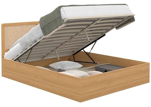 IDMarket - Lit Coffre Double EDHEN avec tête de lit cannage et sommier 140 x 190 cm Coloris Bois
